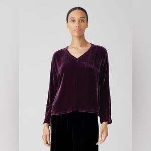 Eileen Fisher Purple Silk Velvet V-Neck Dolman Blouse - Size XS